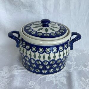 Polish Pottery Boleslawiec Cobalt Peacock Bean Pot Casserole Crock w Handles